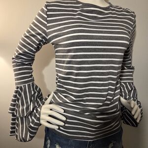 Striped Gray and White Women's Top With Bell Sleeves
